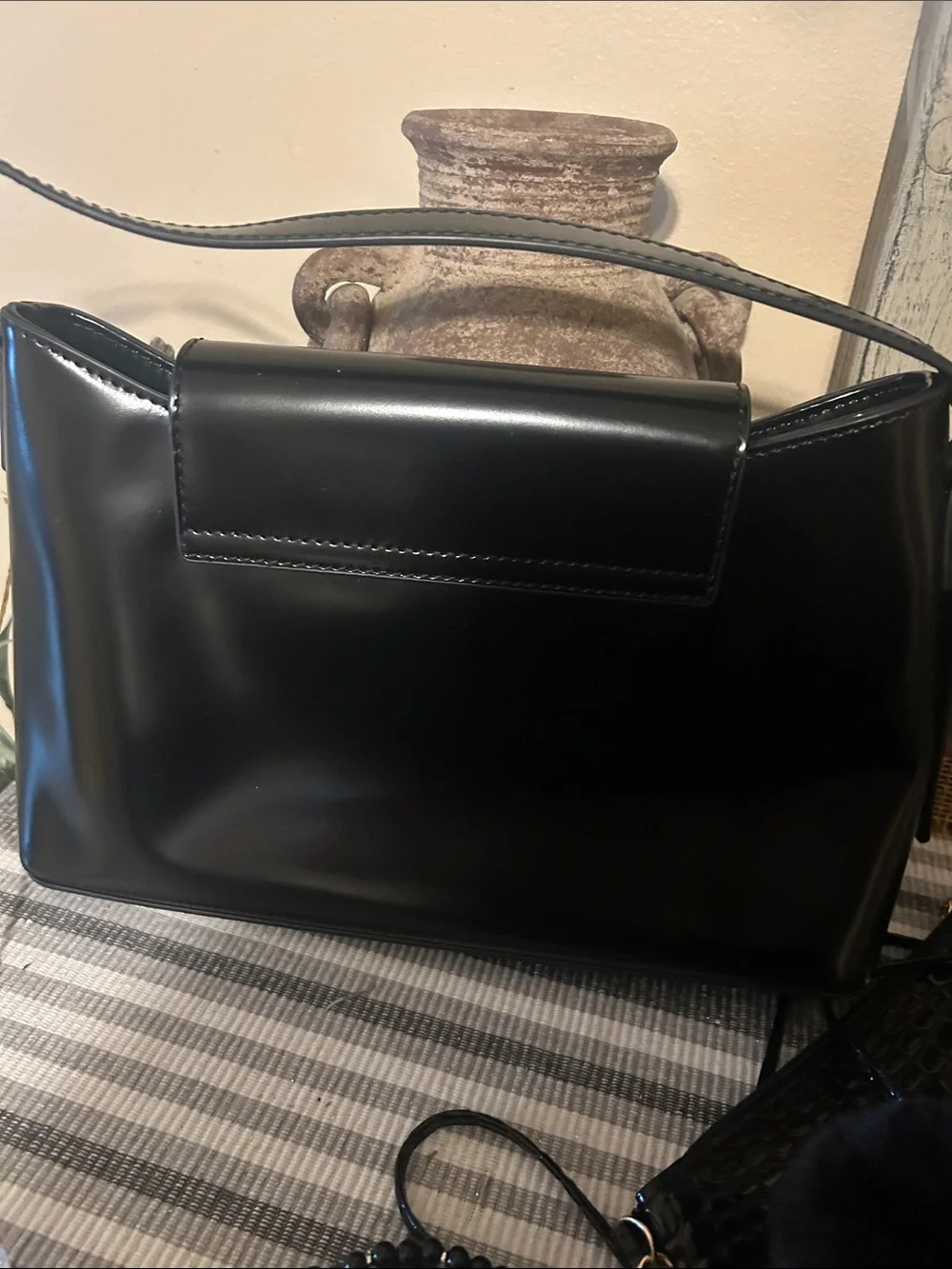 J. Crew Black Patent Shoulder Bag with Croc-Effect Pouch and Charms